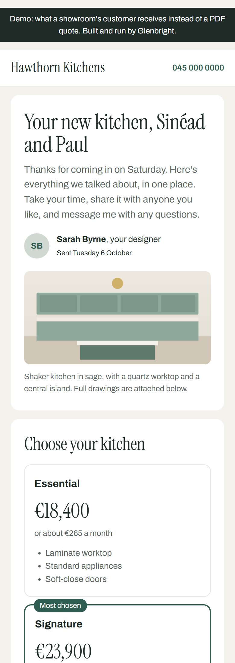 Example of a private online quote page on a phone: Your new kitchen, Sinéad and Paul, with a kitchen illustration and three priced options.